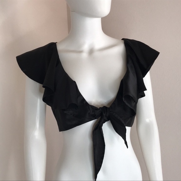 We Wore What M black ruffle tie crop top - Picture 2 of 14